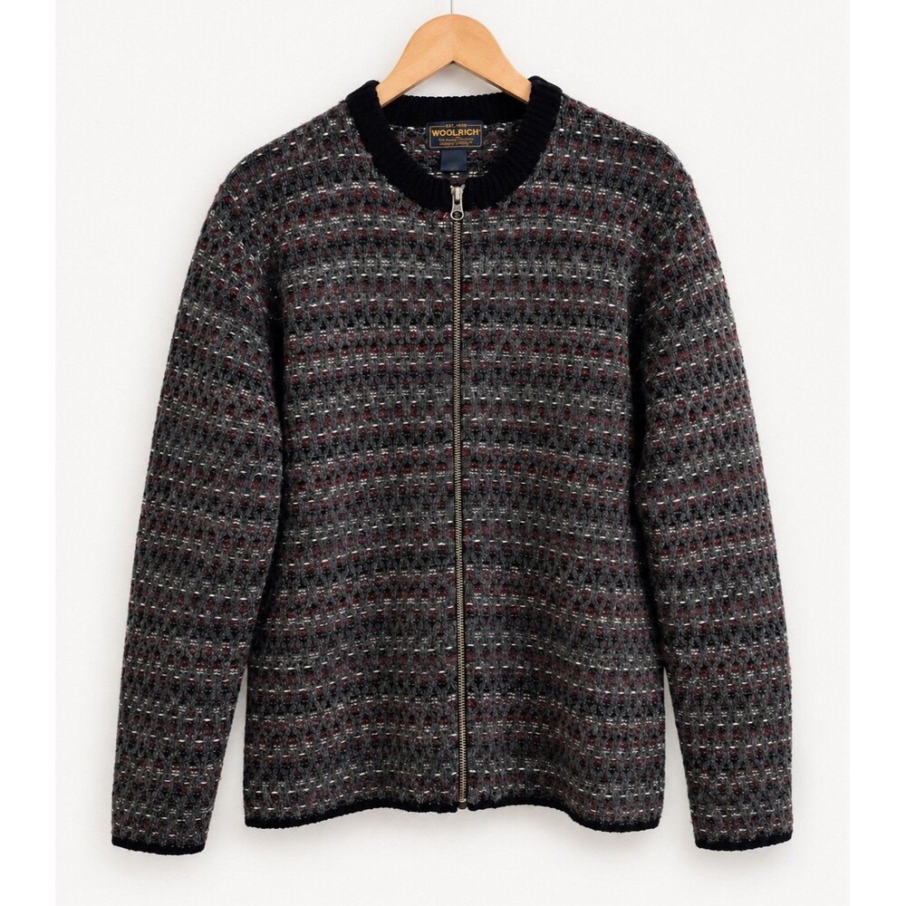Vintage Woolrich Charcoal Womens 100% Wool Full Zip Birdseye Sweater Hong Kong